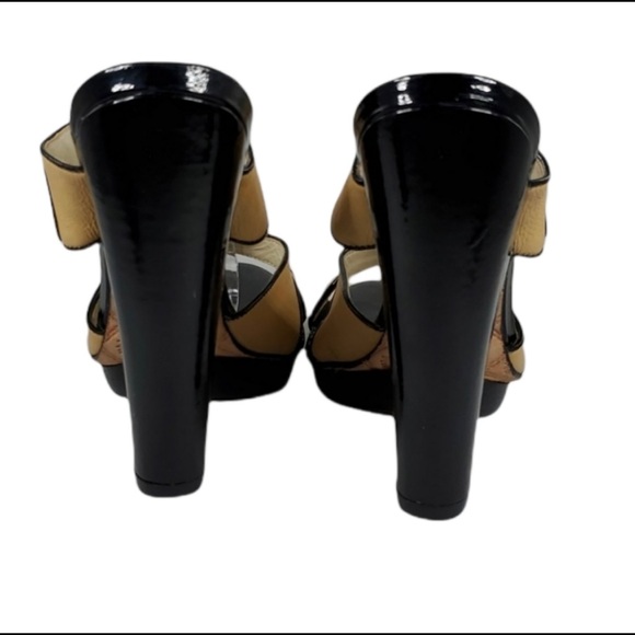 L.A.M.B. Tan & Black Strappy Slip On Heels - Picture 3 of 8